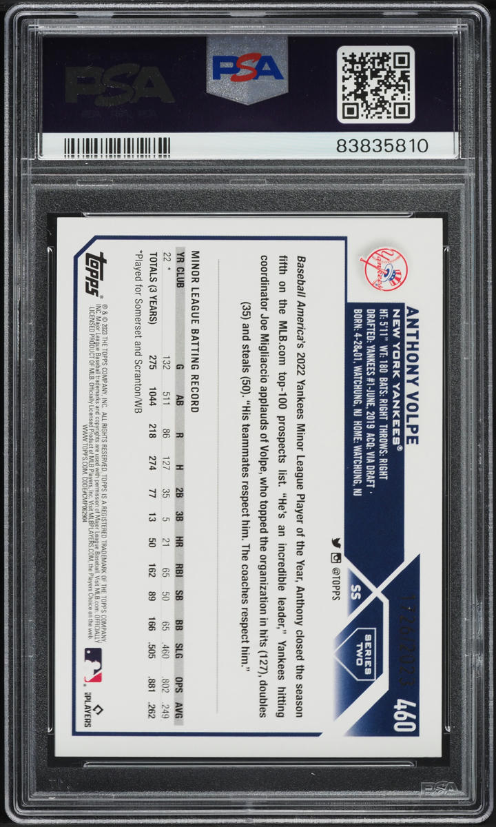 2023 Topps Gold Anthony Volpe ROOKIE /2023 #460 PSA 9 MINT