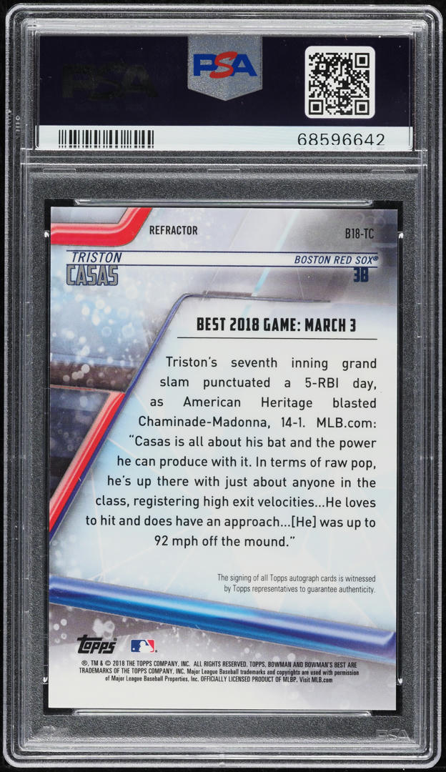 2018 Bowman's Best Of '18 Refractor Triston Casas ROOKIE AUTO #B18-TC PSA 10 GEM