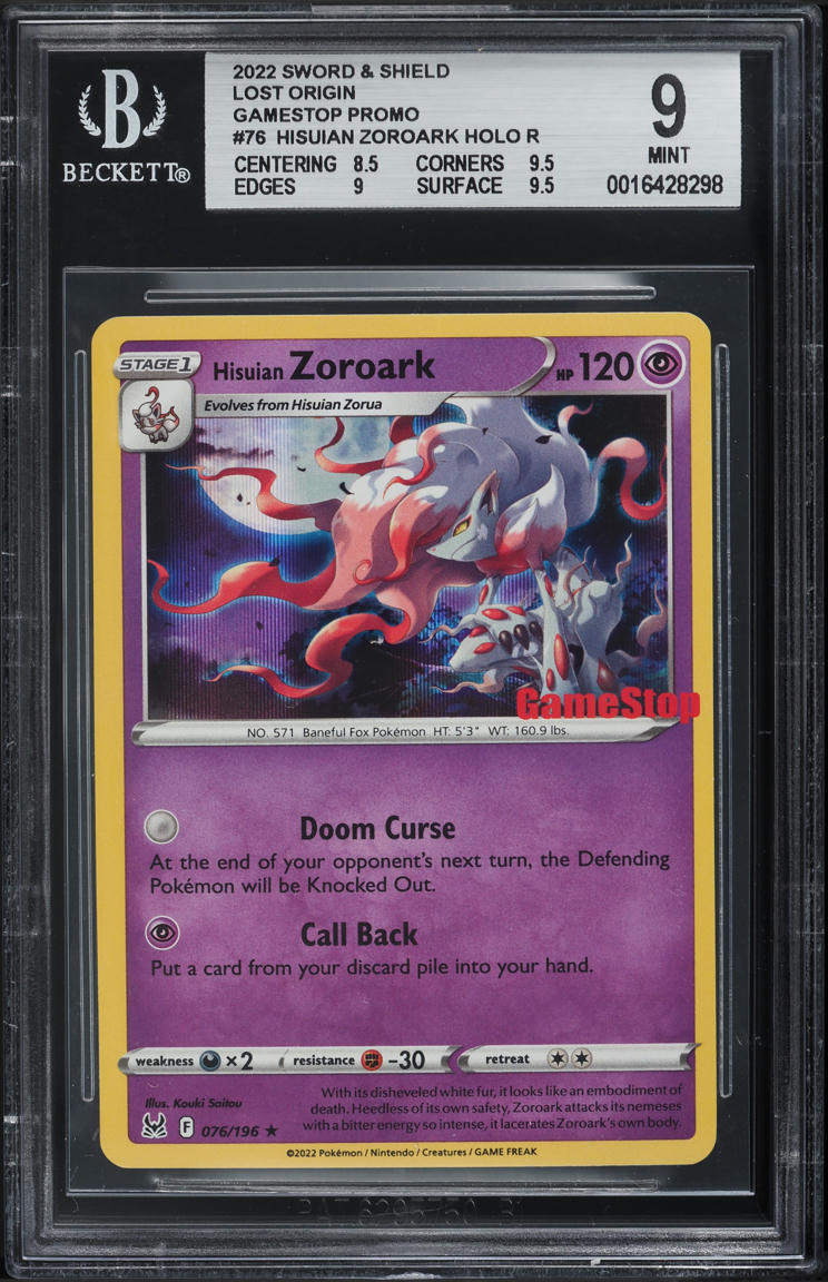 2022 Pokemon SWSH Lost Origin GameStop Promo Holo Hisuian Zoroark #76 BGS 9 MINT
