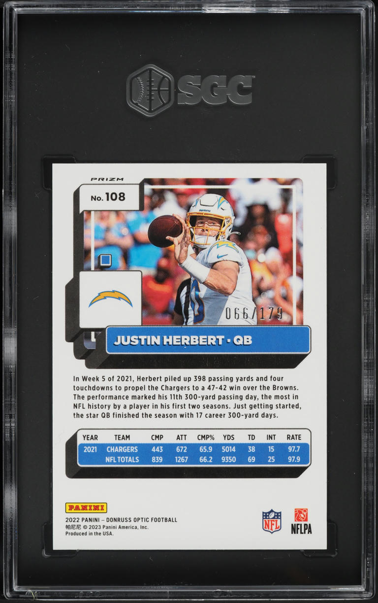 2022 Donruss Optic Blue Prizm Justin Herbert /179 #108 SGC 10 GEM MINT