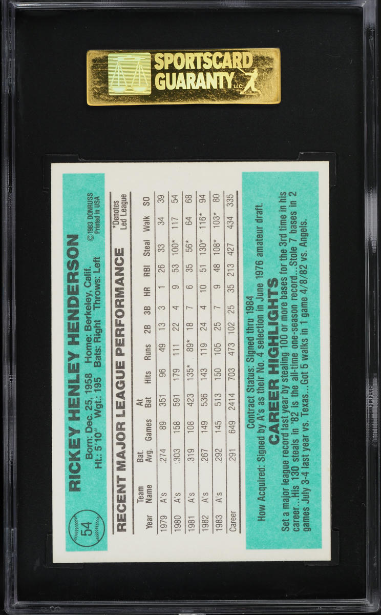 1984 Donruss Rickey Henderson #54 SGC 9 MINT