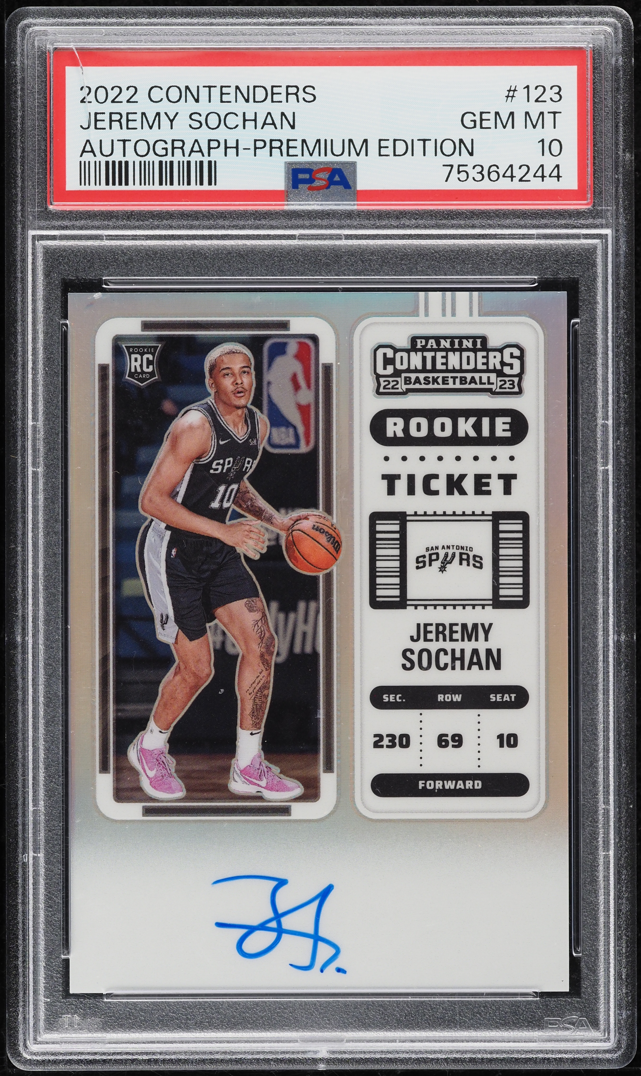 2022 Panini Contenders Premium Jeremy Sochan ROOKIE AUTO #123 PSA