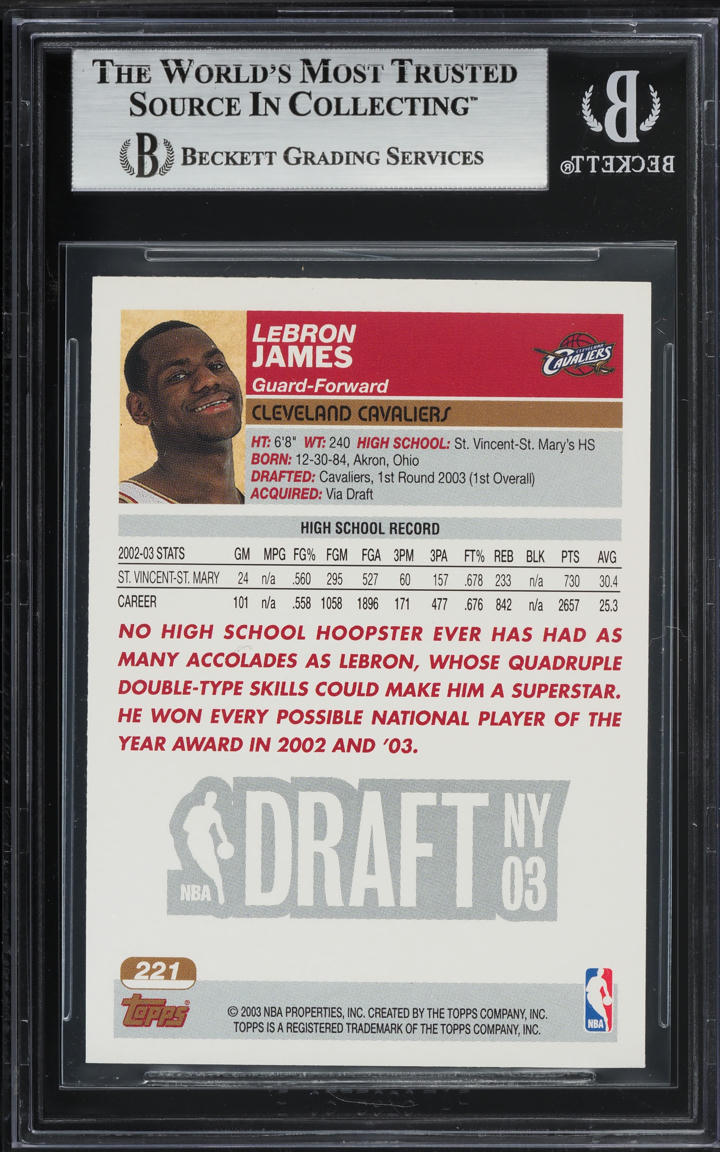 2003 Topps Basketball LeBron James ROOKIE #221 BGS 7.5 NRMT+
