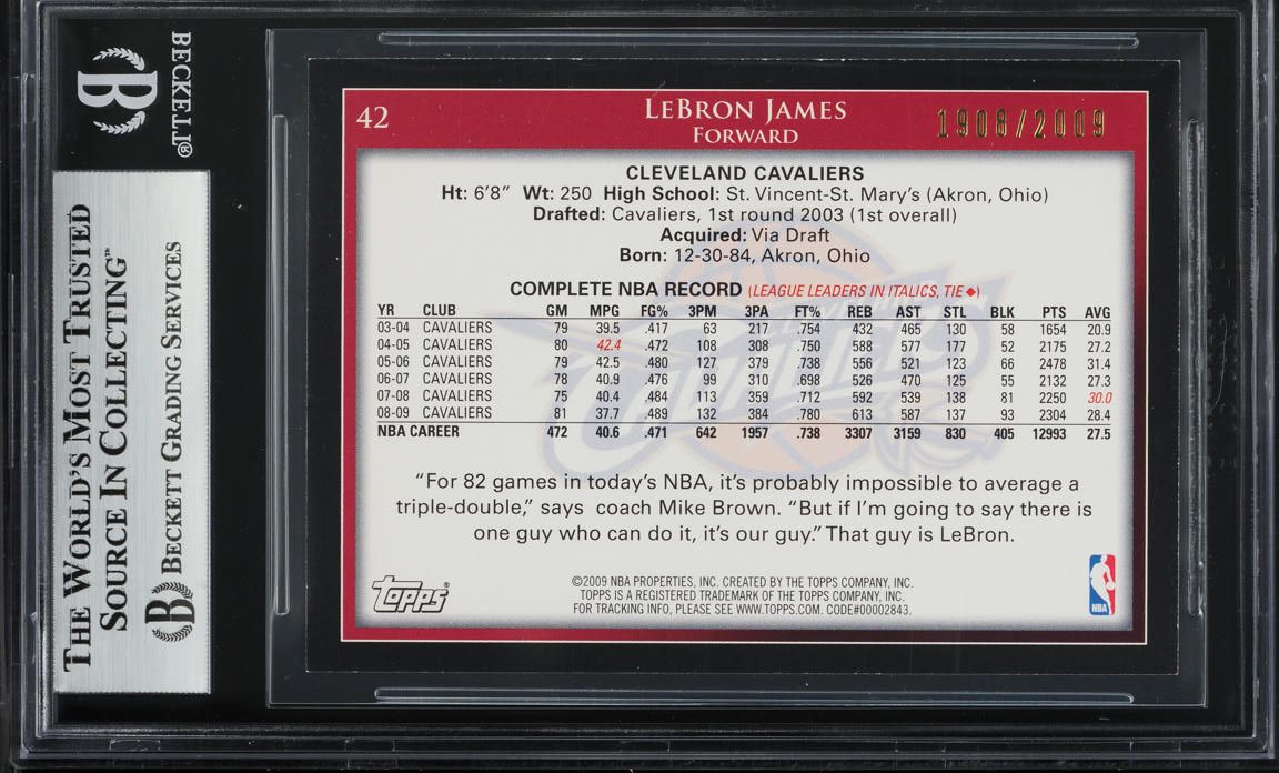 2009 Topps Gold LeBron James /2009 #42 BGS 8 NM-MT