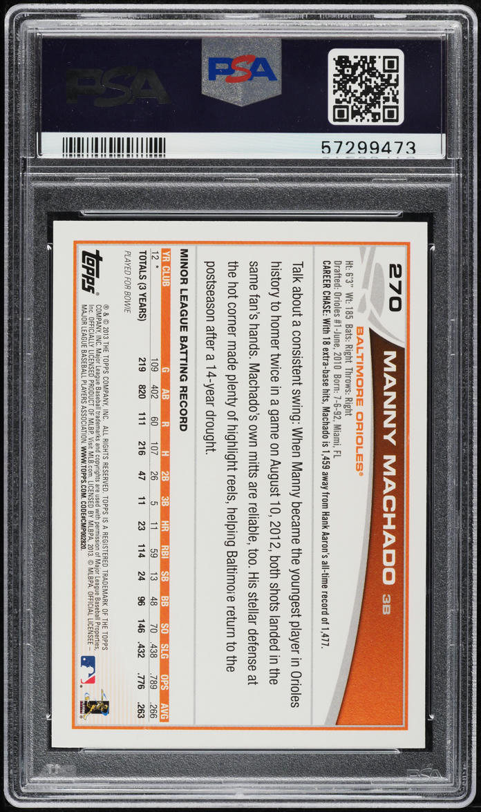 2013 Topps Fielding Manny Machado ROOKIE #270 PSA 10 GEM MINT
