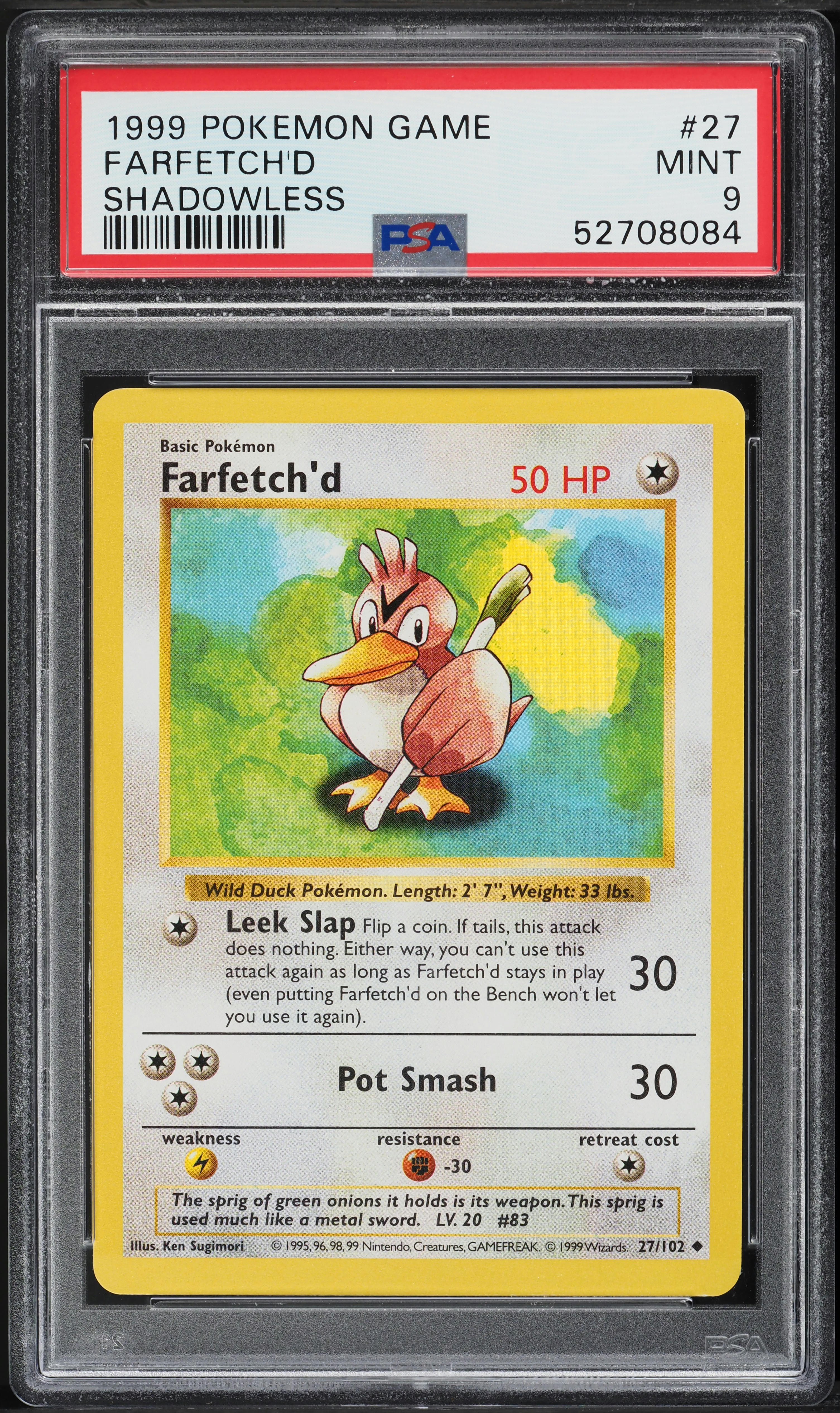 カモネギ　Farfetch'd shadowless PSA9 初版　英語 1999 Pokemon Base Set Shadowless Farfetch'd #27 PSA 9 MINT on