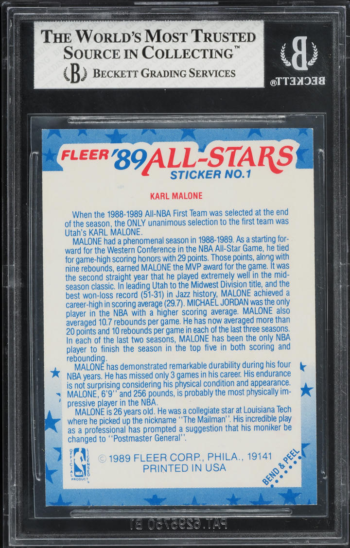 1989 Fleer Stickers Karl Malone #1 BGS 8 NM-MT