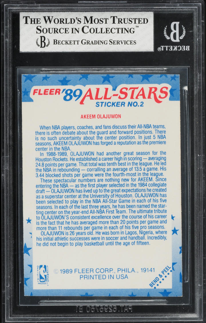 1989 Fleer Stickers Hakeem Olajuwon #2 BGS 8 NM-MT