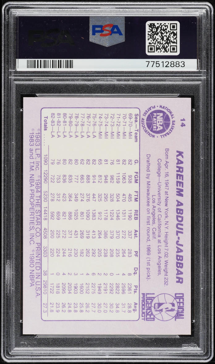 1983-84 Star Basketball Kareem Abdul-Jabbar SHORT PRINT #14 PSA 9 MINT