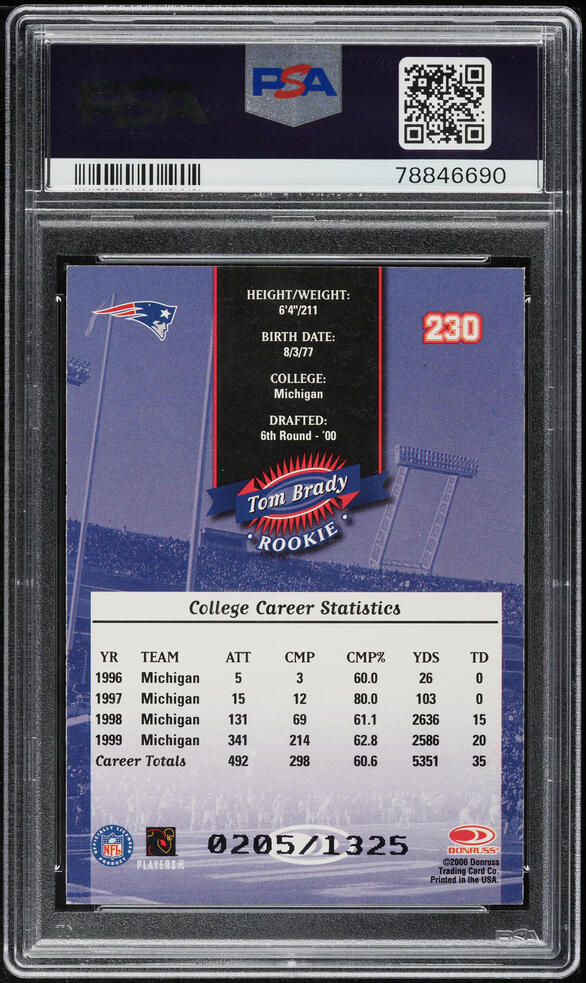 2000 Donruss Football Tom Brady ROOKIE /1325 #230 PSA 7 NRMT