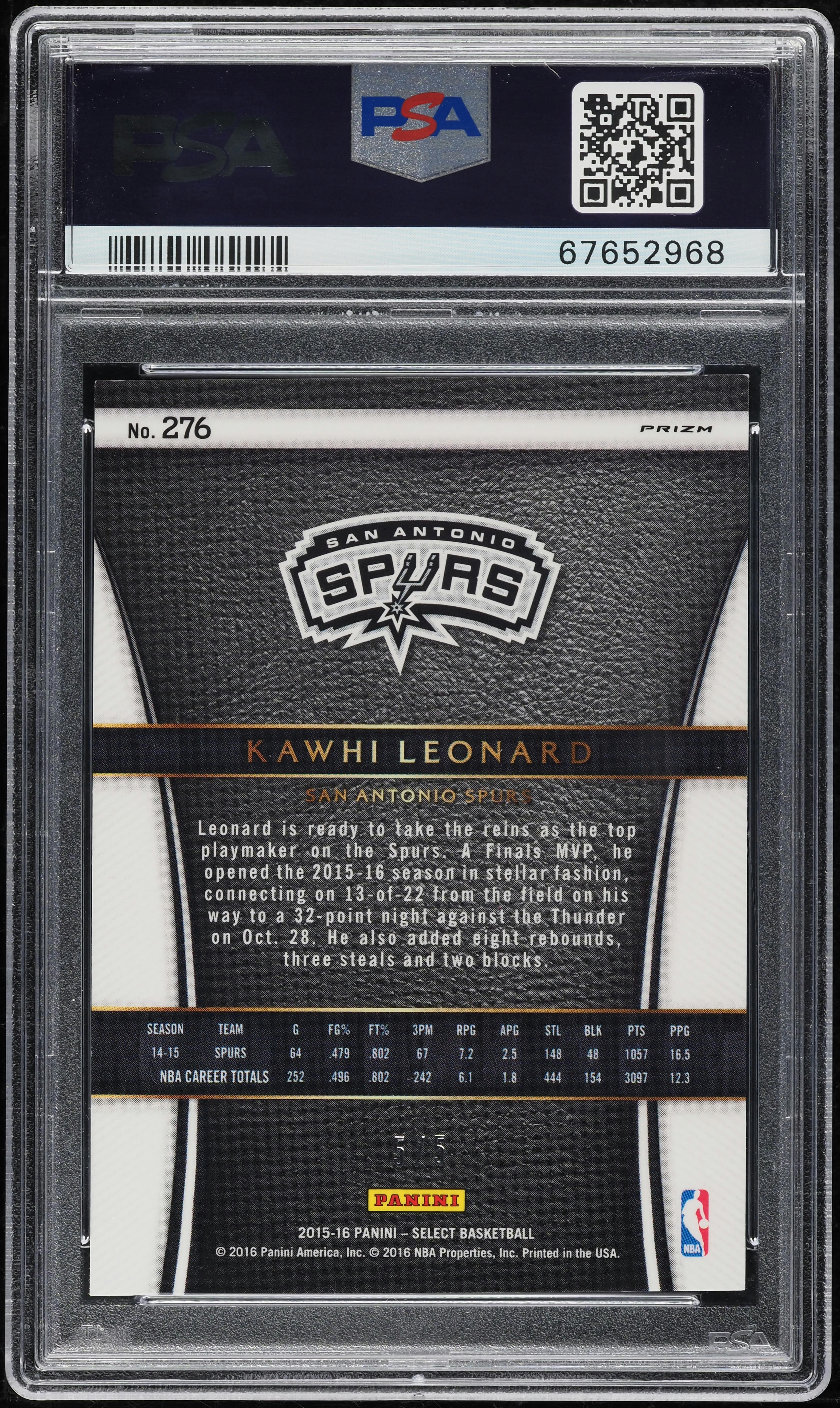 2015 Select Courtside Green Prizm Kawhi Leonard 5/5 #276 PSA 9