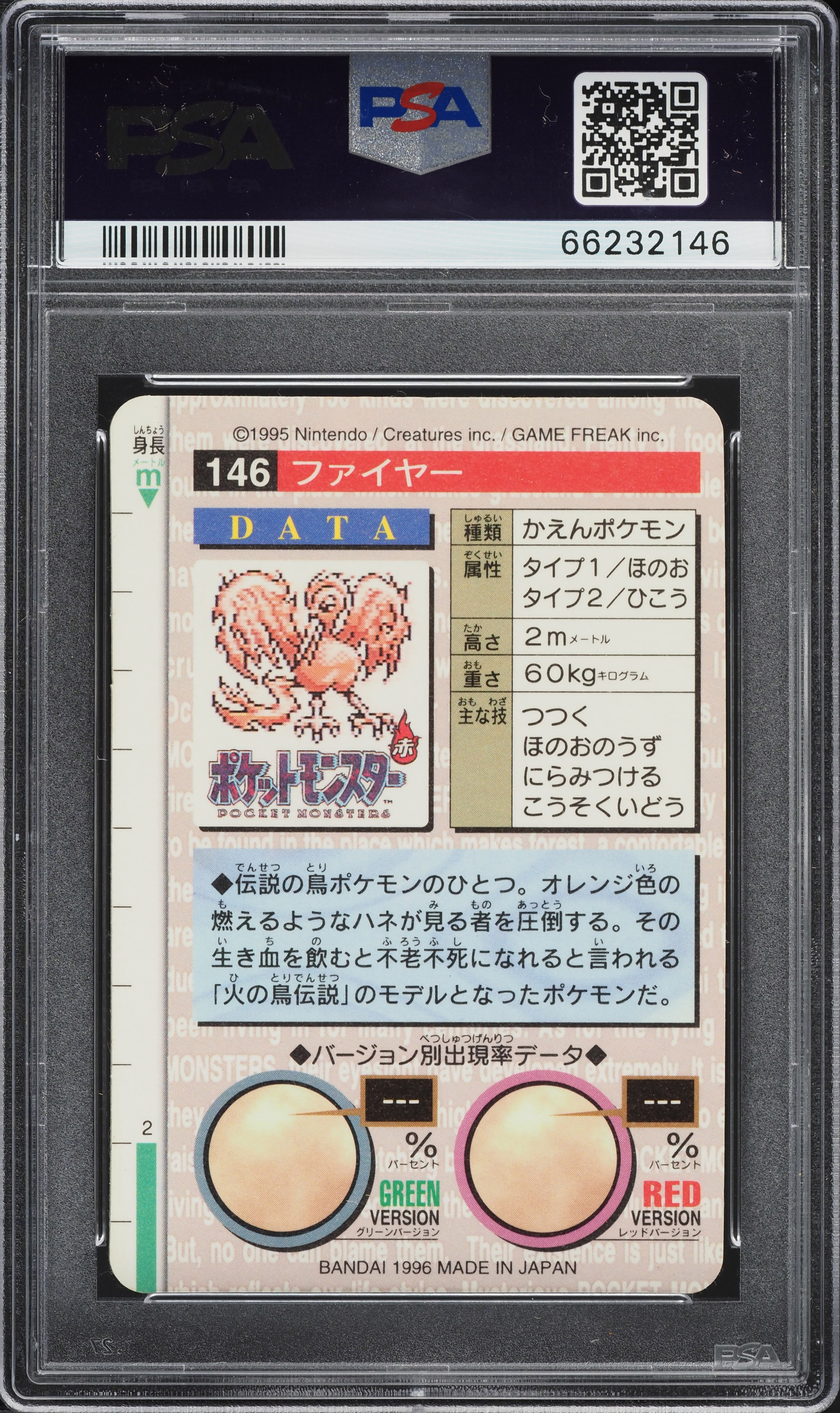 1996 Pokemon Japanese Bandai Carddass Vending Prism Moltres #146