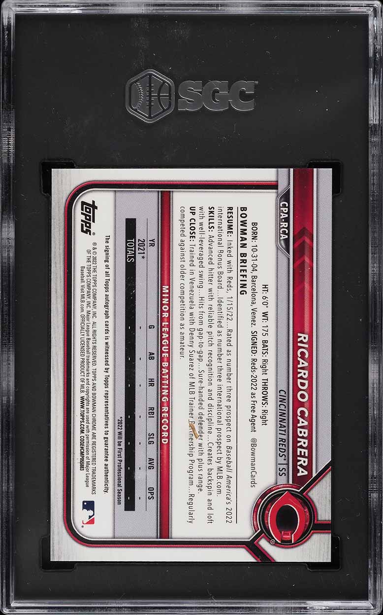 2022 Bowman Chrome Purple Refractor Ricardo Cabrera PROSPECT AUTO /250 #CPA-RCA SGC 8 NM-MT