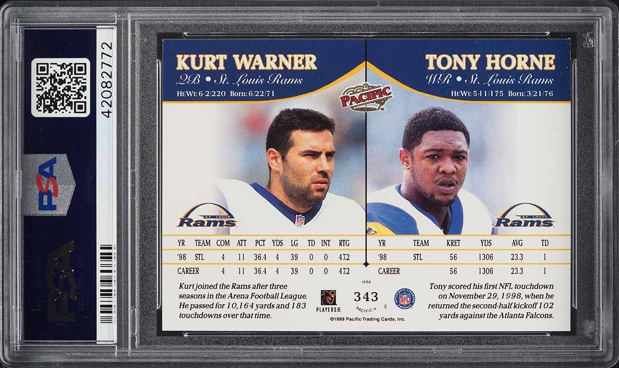 1999 Pacific Football Tony Horne & Kurt Warner ROOKIE #343 PSA 7.5 NRMT+