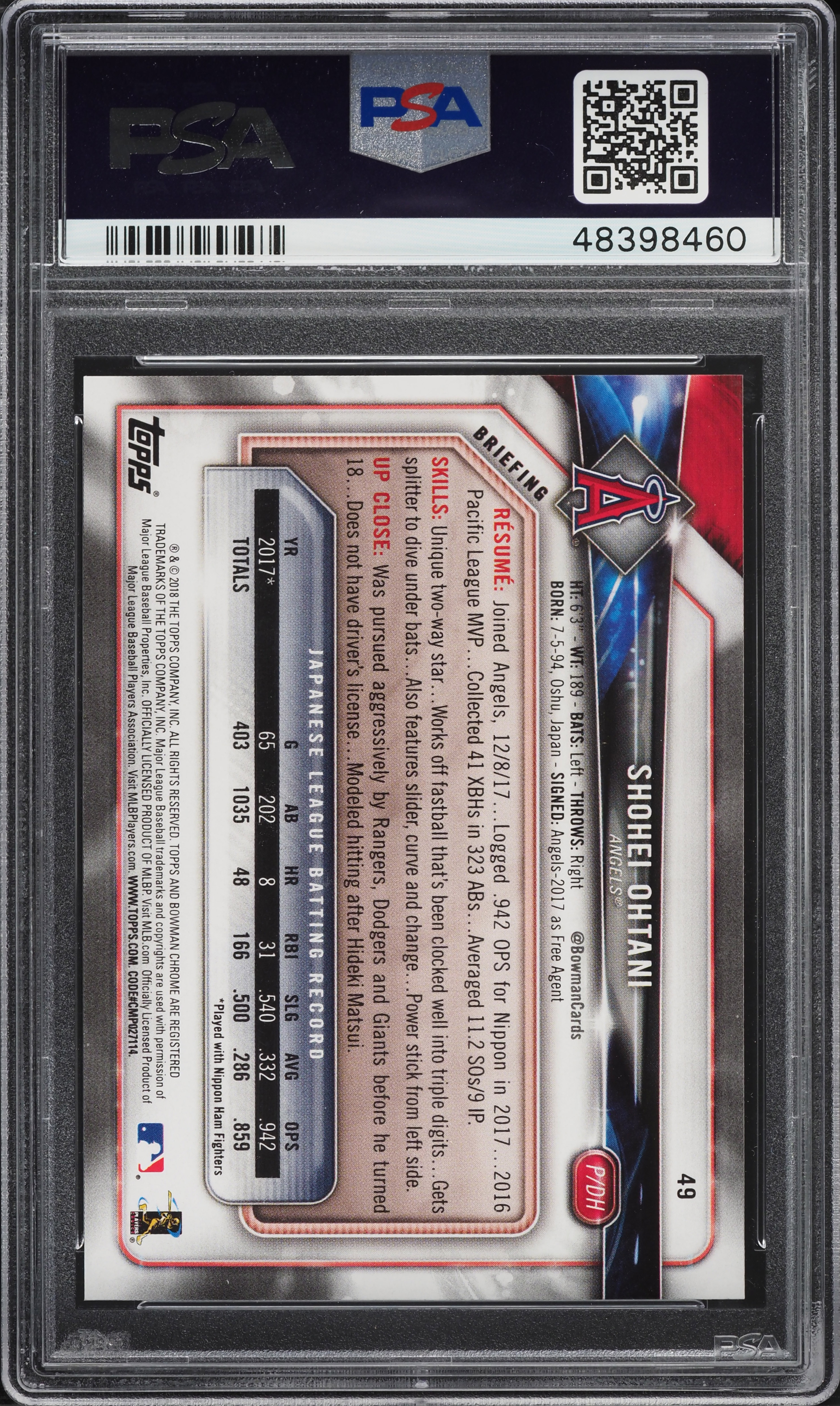 2018 Bowman Shohei Ohtani ROOKIE #49 PSA 10 GEM MINT on Fanatics