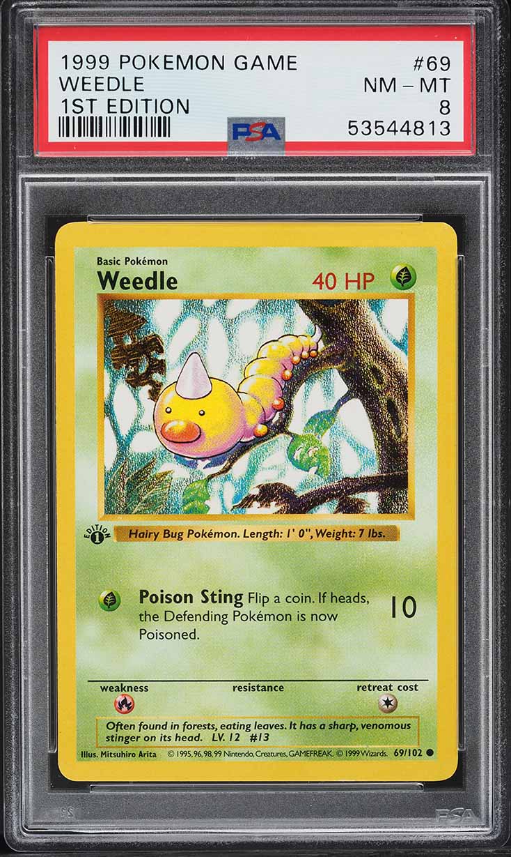 1999 Pokemon Base Set Shadowless 1st Edition Weedle #69 PSA 8 NM