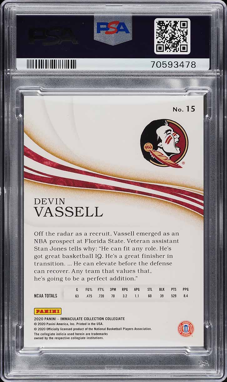 2020 Immaculate Collection Collegiate Devin Vassell ROOKIE /49 #15 PSA 9 MINT