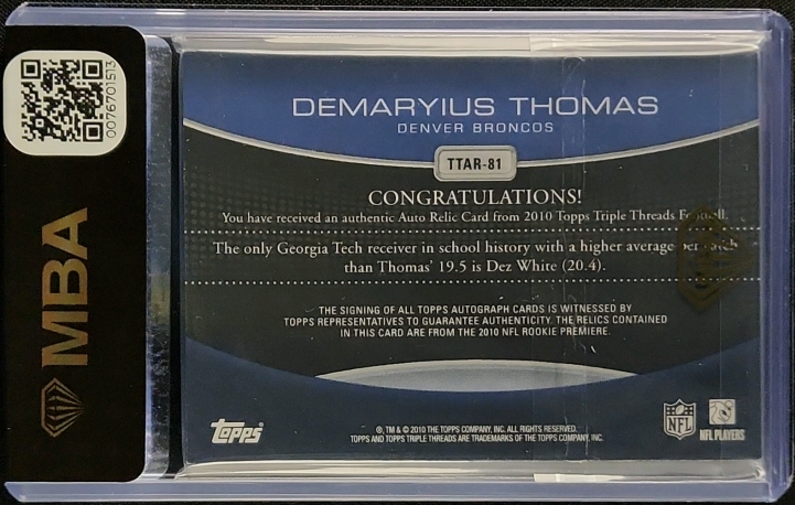2010 Topps Triple Threads Platinum Demaryius Thomas PATCH AUTO 1/1 MBA AUTH