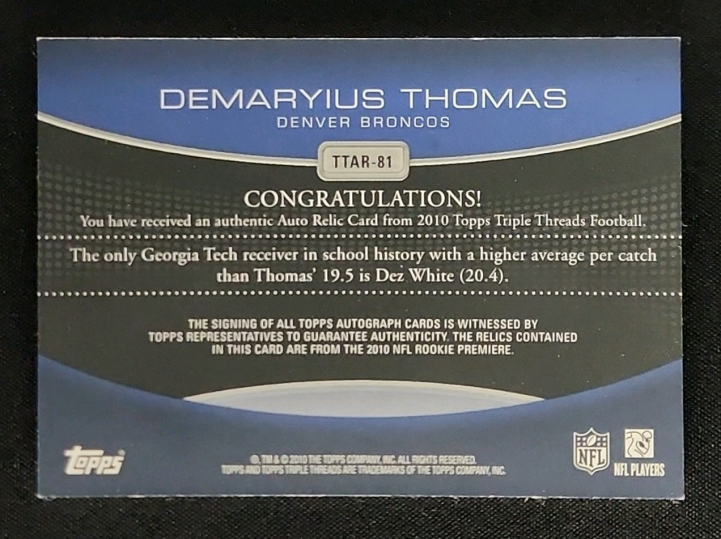 2010 Topps Triple Threads Platinum Demaryius Thomas PATCH AUTO 1/1 MBA AUTH