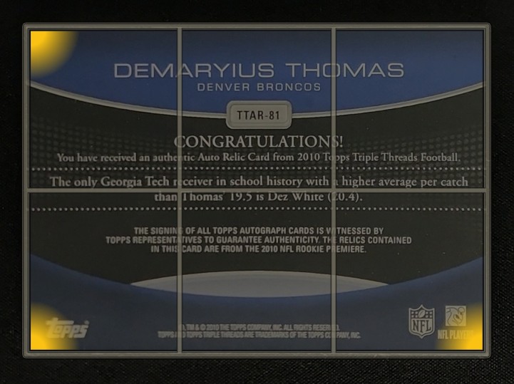 2010 Topps Triple Threads Platinum Demaryius Thomas PATCH AUTO 1/1 MBA AUTH