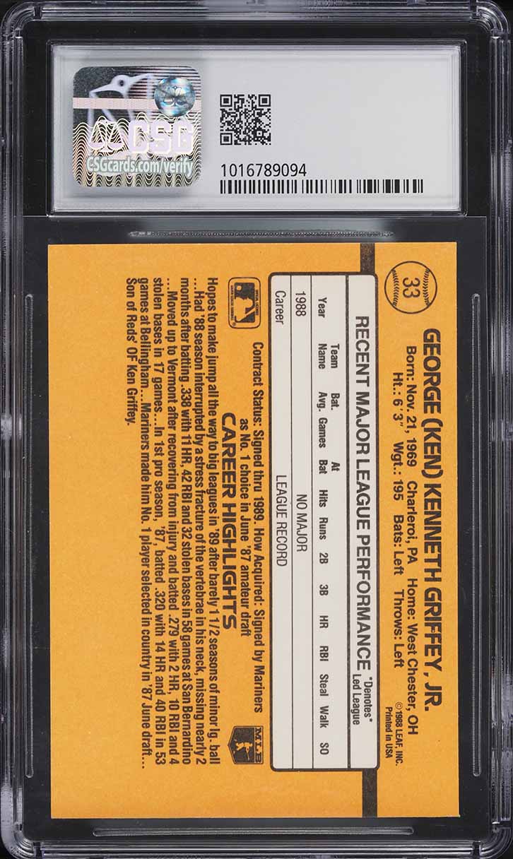 1989 Donruss Ken Griffey Jr. ROOKIE #33 CSG 7 NRMT