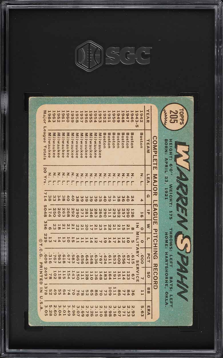 1965 Topps Warren Spahn #205 SGC 1.5 FR