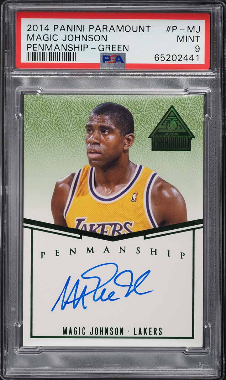 2014 Panini Paramount Penmanship Green Magic Johnson AUTO /5 #P-MJ PSA 9 MINT