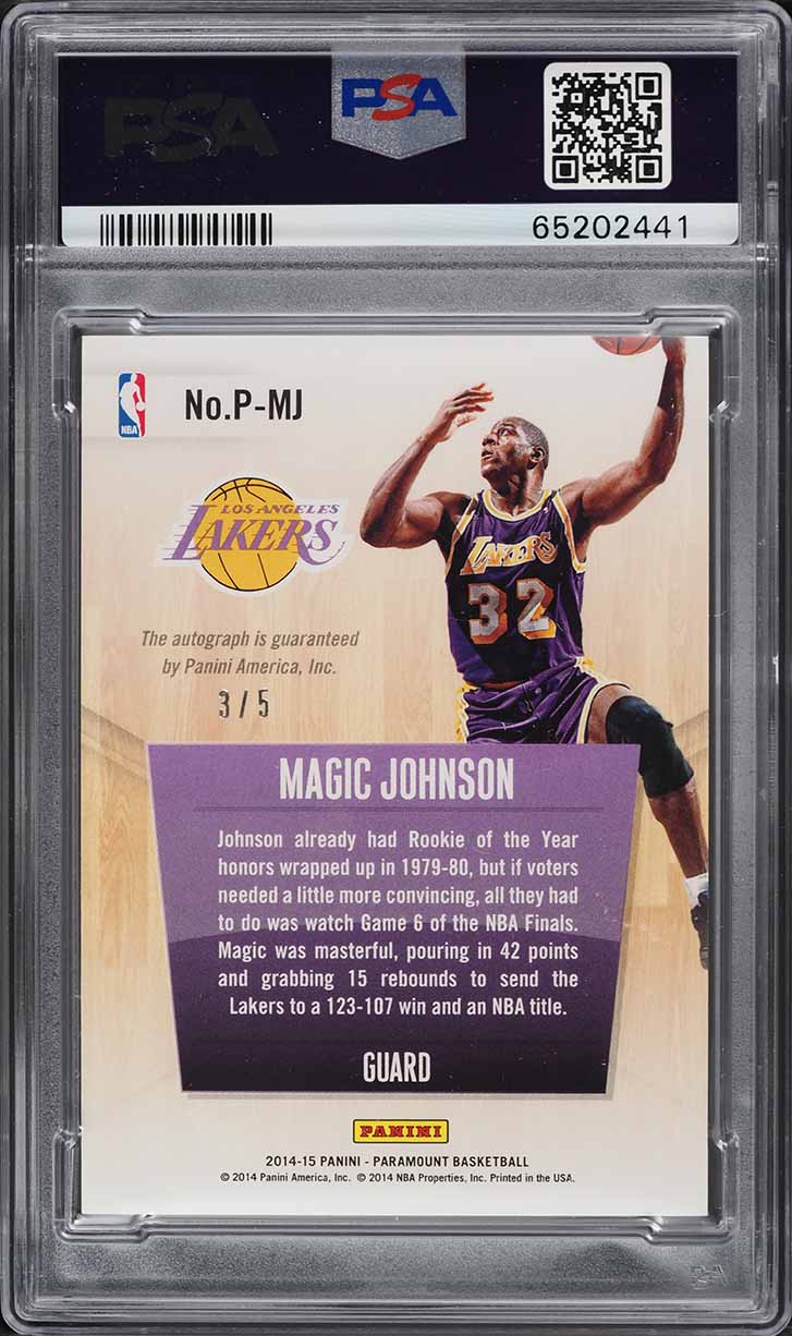 2014 Panini Paramount Penmanship Green Magic Johnson AUTO /5 #P-MJ PSA 9 MINT
