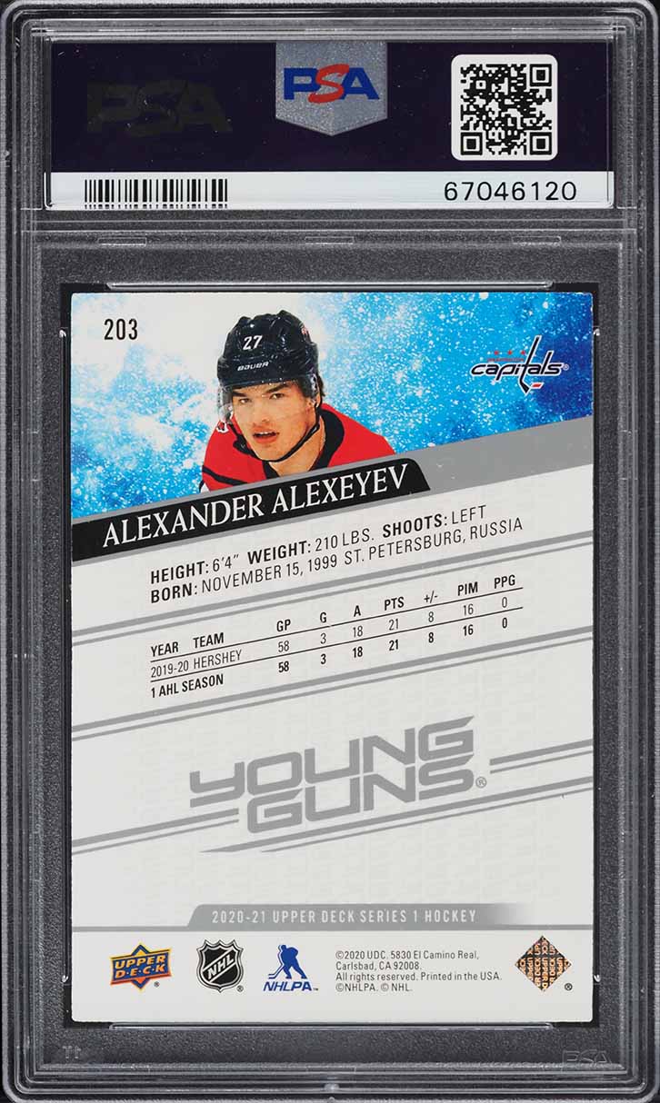 2020 Upper Deck Young Guns Alexander Alexeyev ROOKIE #203 PSA 9 MINT