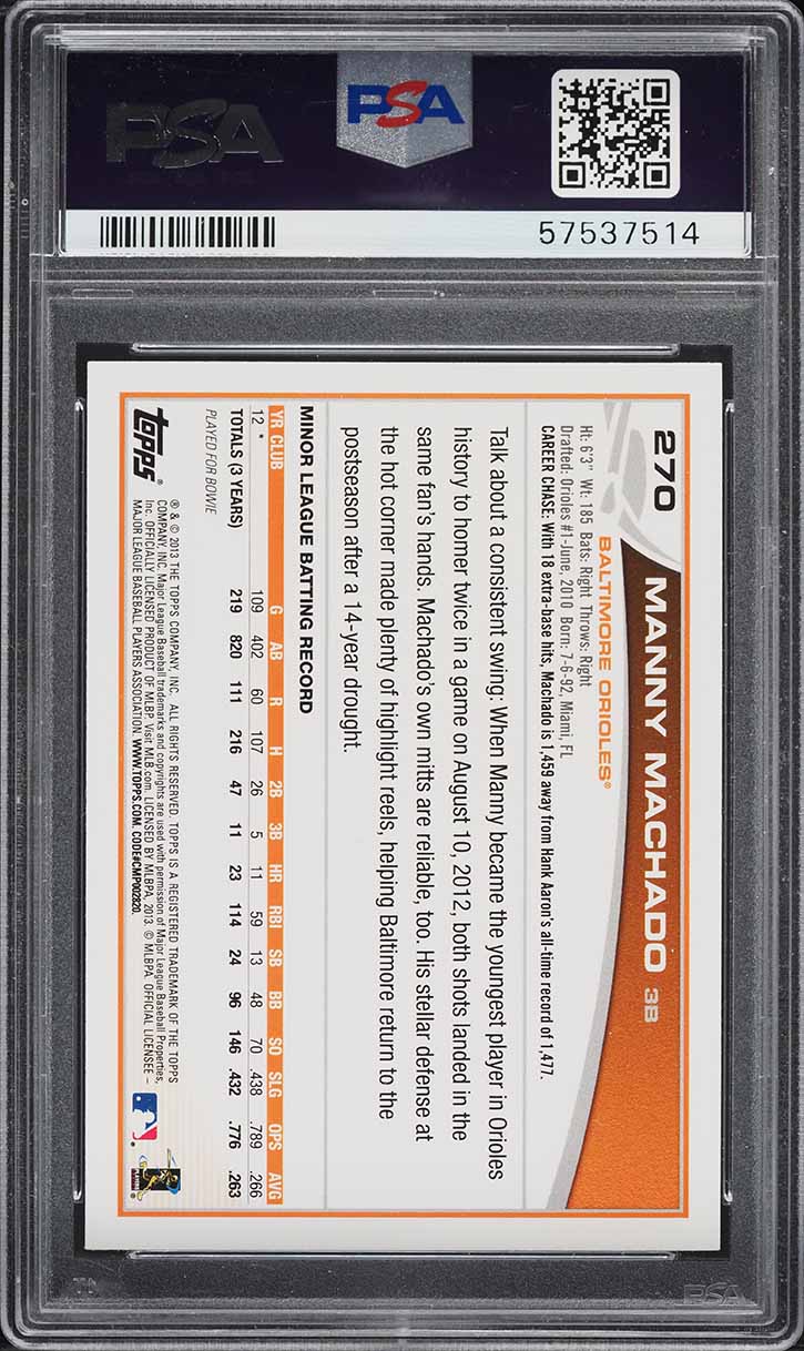 2013 Topps Fielding Manny Machado ROOKIE #270 PSA 8 NM-MT