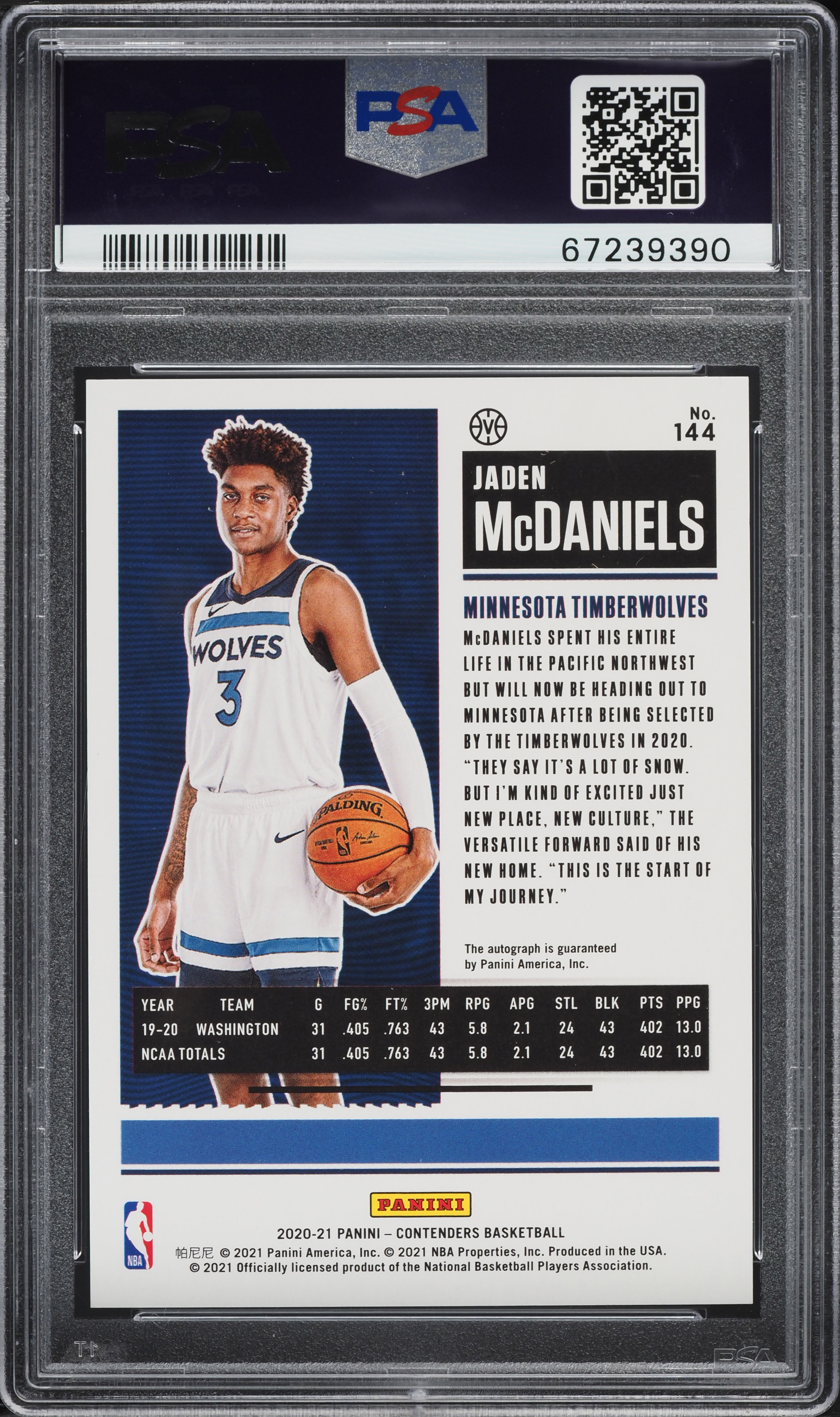 2020 Panini Contenders Cracked Ice Jaden McDaniels ROOKIE AUTO /25