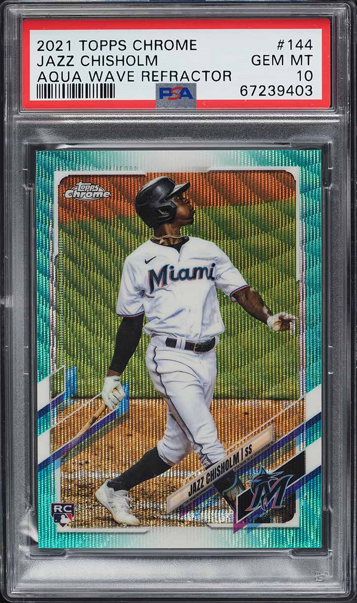 2021 Topps Chrome Aqua Wave Refractor Jazz Chisholm ROOKIE /199 #144 PSA 10 GEM