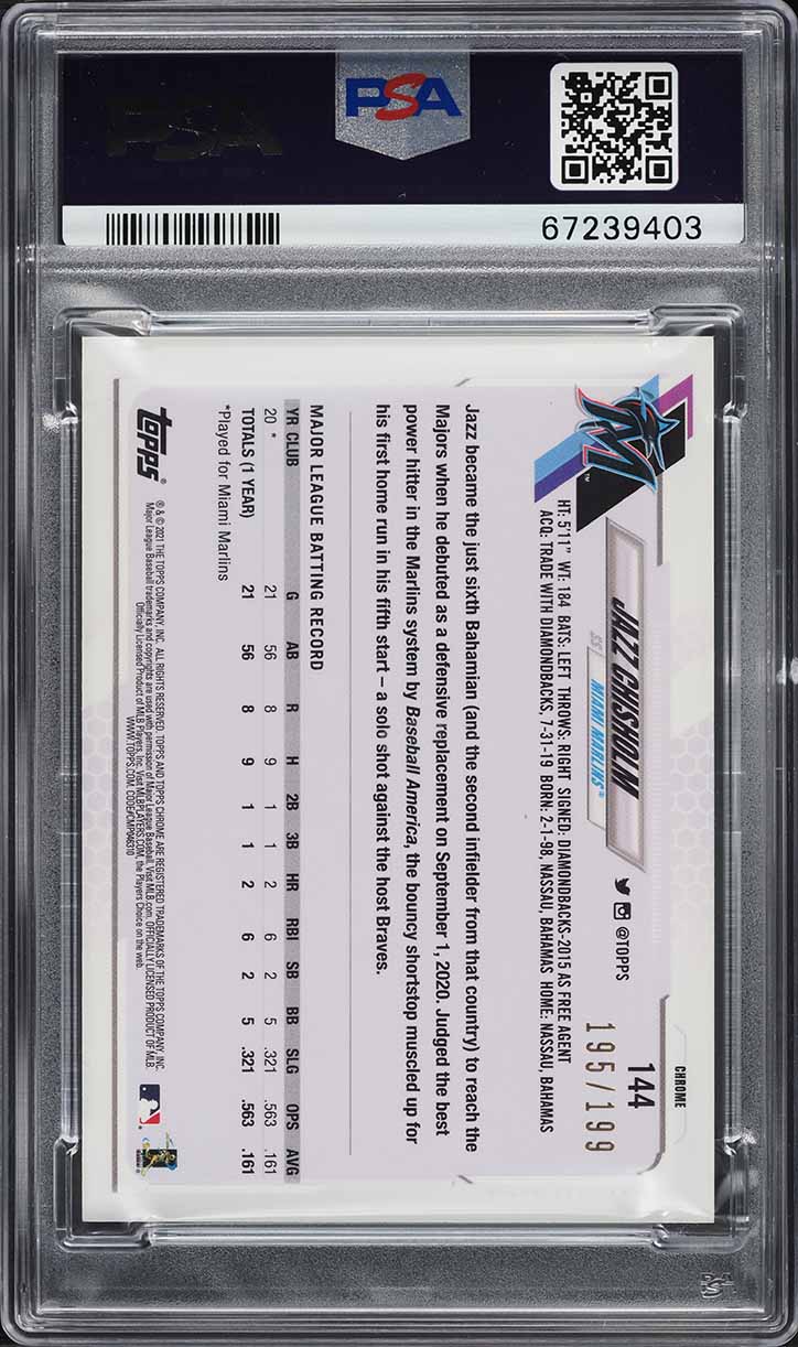 2021 Topps Chrome Aqua Wave Refractor Jazz Chisholm ROOKIE /199 #144 PSA 10 GEM