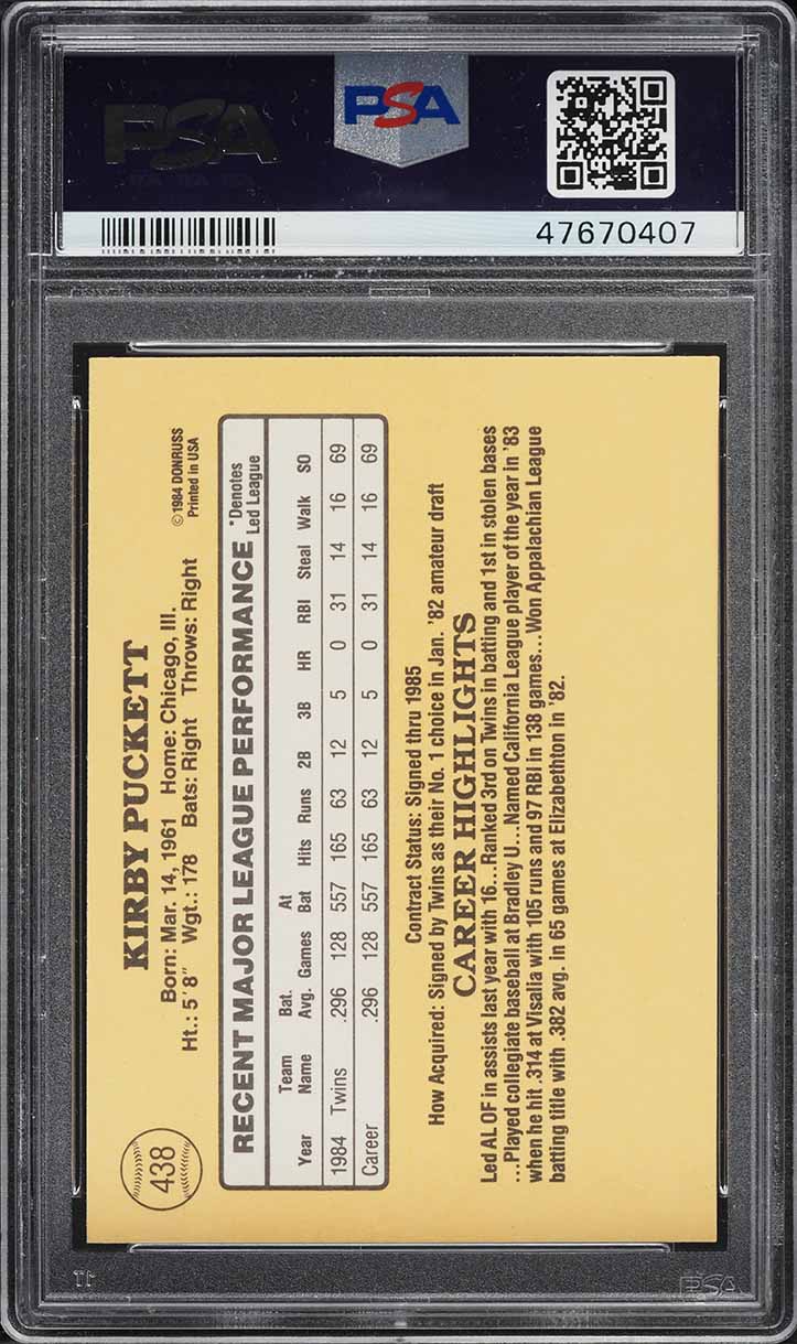 1985 Donruss Kirby Puckett ROOKIE #438 PSA 8.5 NM-MT+