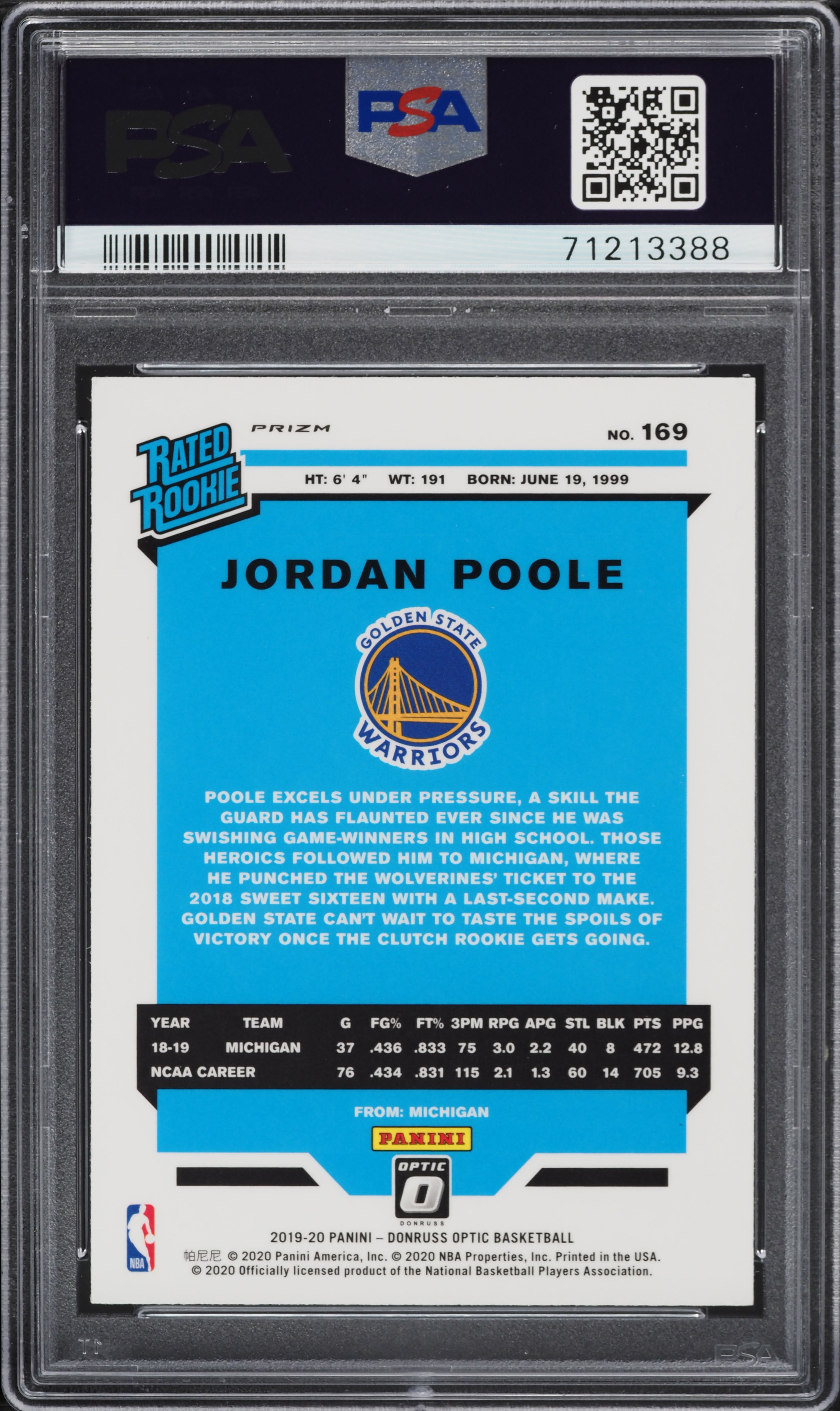 2019 Donruss Optic Holo Jordan Poole ROOKIE #169 PSA 8 NM-MT on