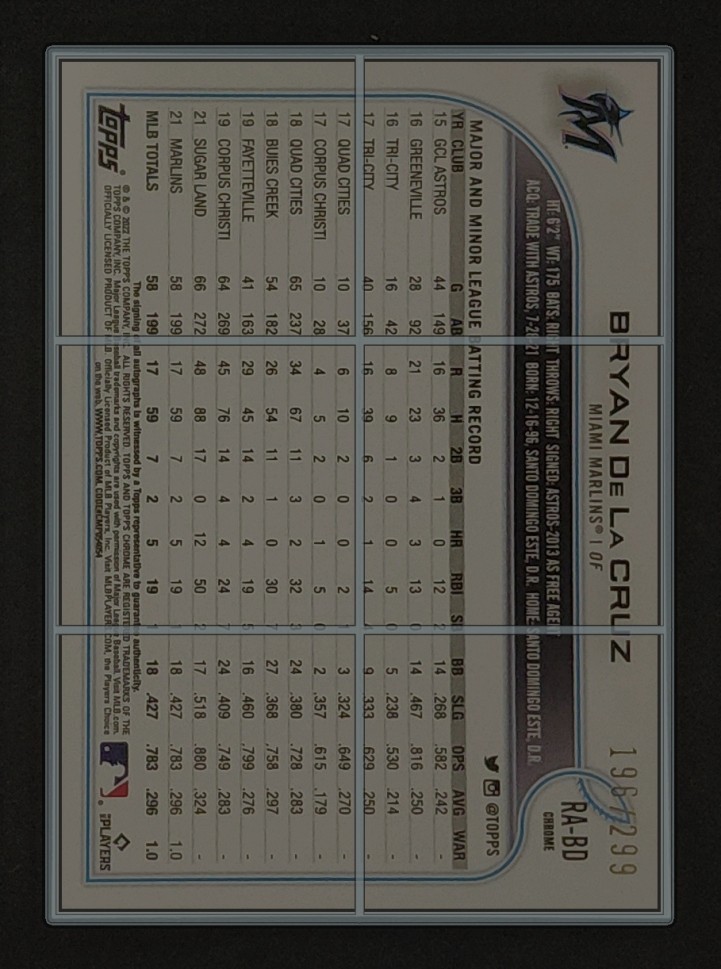 2022 Topps Chrome Purple Speckle Bryan De La Cruz ROOKIE AUTO /299 MBA AUTH