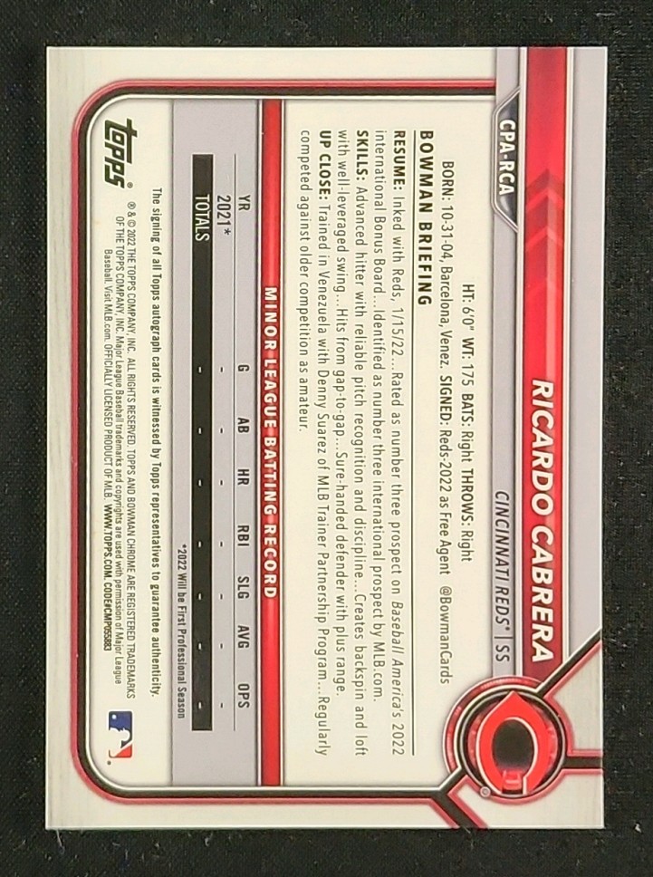 2022 Bowman Chrome Speckle Refractor Ricardo Cabrera ROOKIE AUTO /299 MBA AUTH