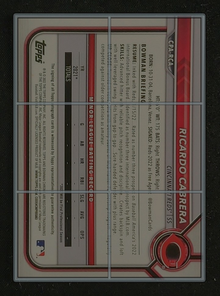 2022 Bowman Chrome Speckle Refractor Ricardo Cabrera ROOKIE AUTO /299 MBA AUTH