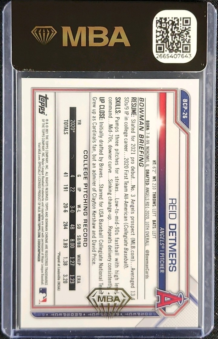 2021 Bowman Chrome Sapphire Yellow Reid Detmers ROOKIE /50 #BCP-26 MBA AUTH