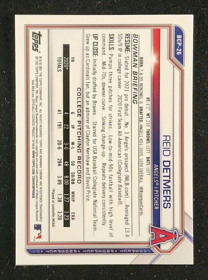 2021 Bowman Chrome Sapphire Yellow Reid Detmers ROOKIE /50 #BCP-26 MBA AUTH