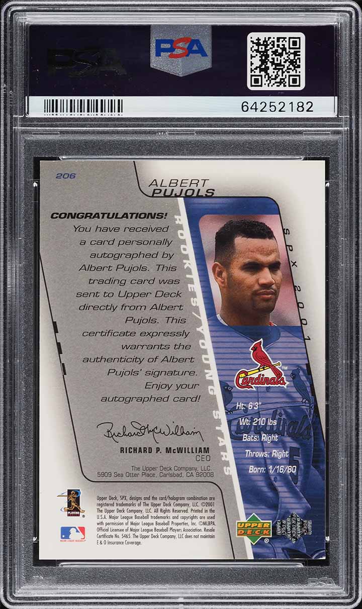 2001 SPx Albert Pujols ROOKIE AUTO /1500 #206 PSA 8 NM-MT