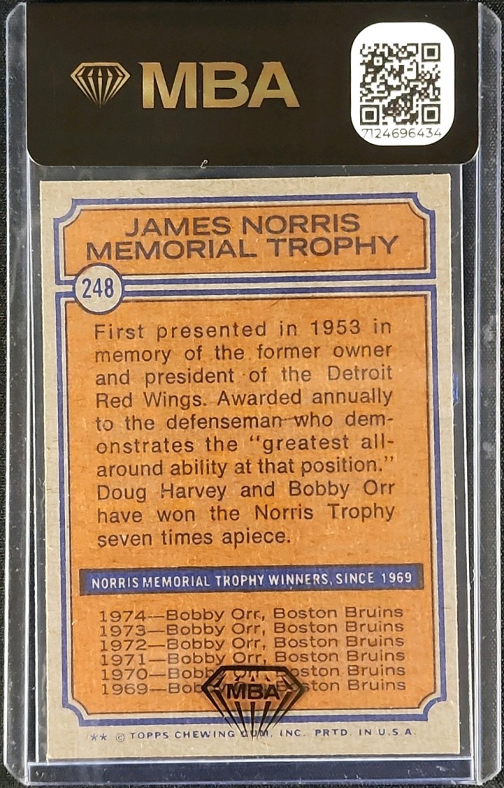 1974 Topps Hockey Bobby Orr NORRIS TROPHY #248 MBA AUTH