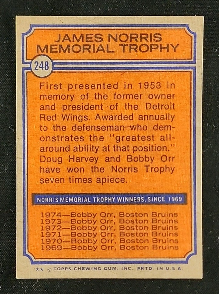 1974 Topps Hockey Bobby Orr NORRIS TROPHY #248 MBA AUTH
