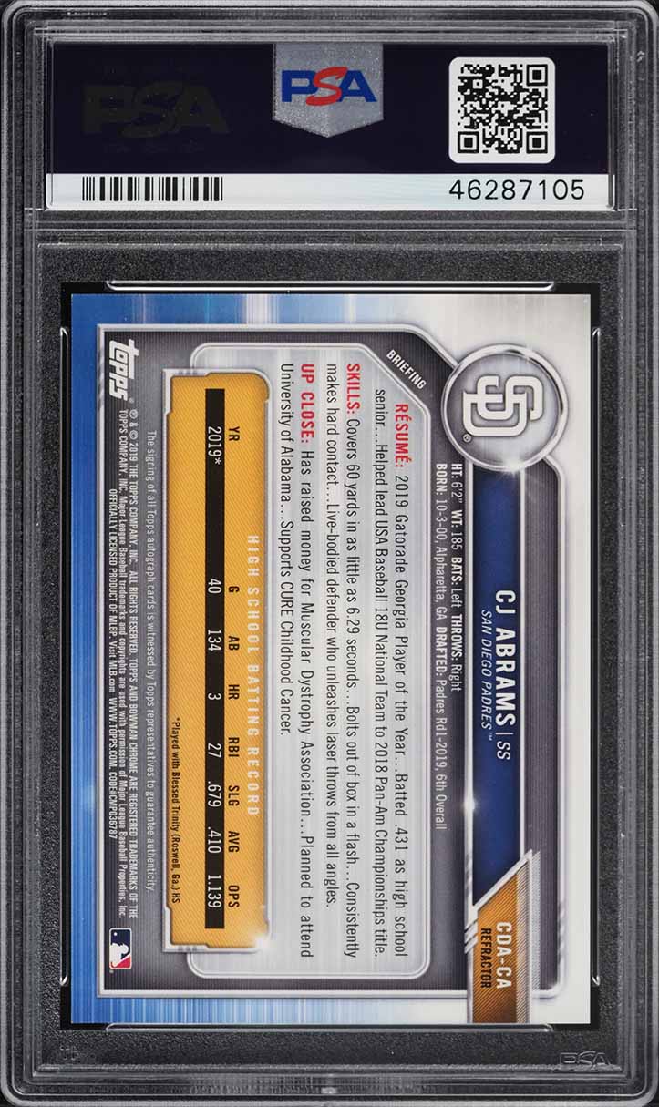 2019 Bowman Chrome Refractor CJ Abrams ROOKIE AUTO /499 #CDA-CA PSA 9 MINT