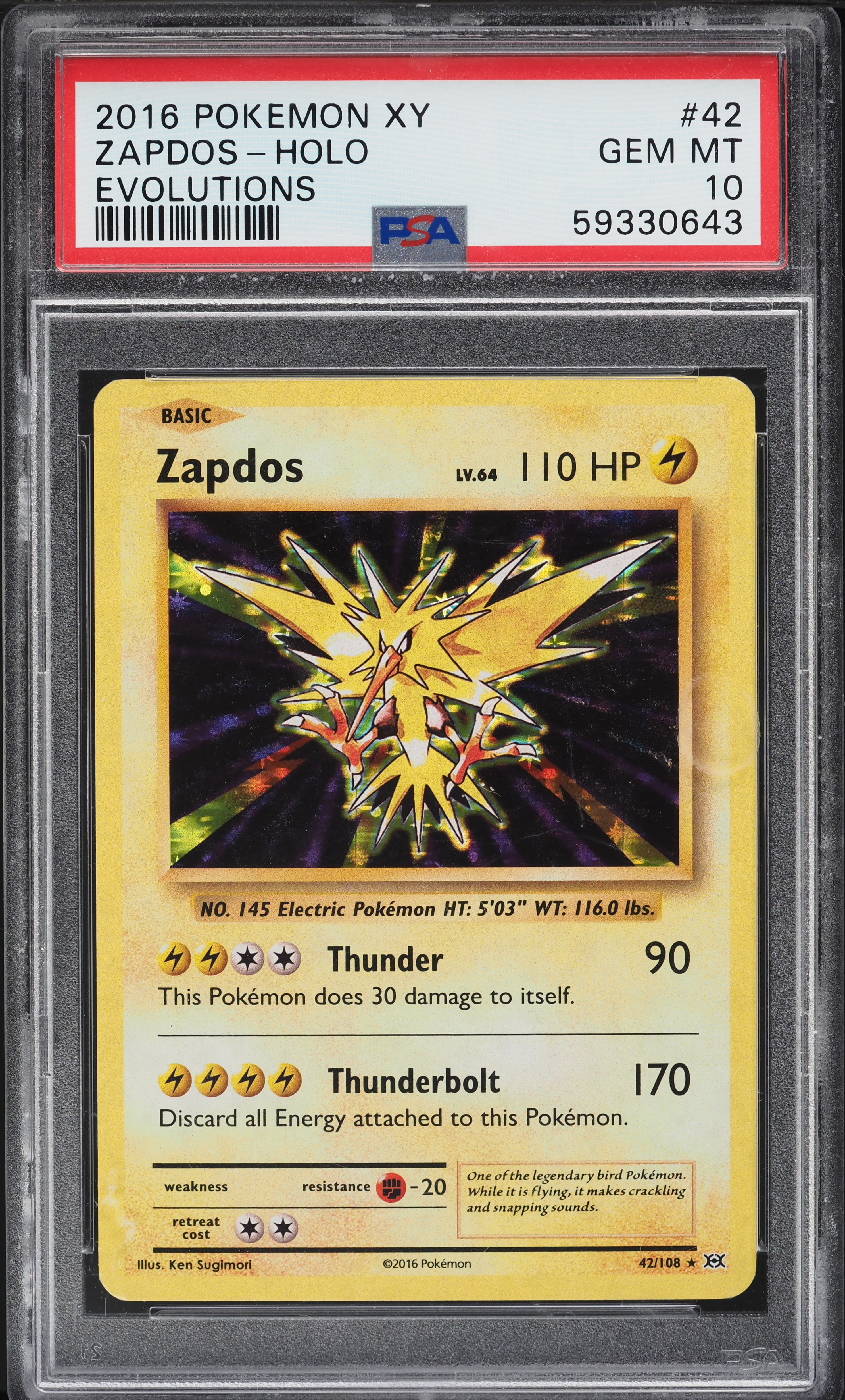 2016 Pokemon XY Evolutions Holo Zapdos #42 PSA 10 GEM MINT on