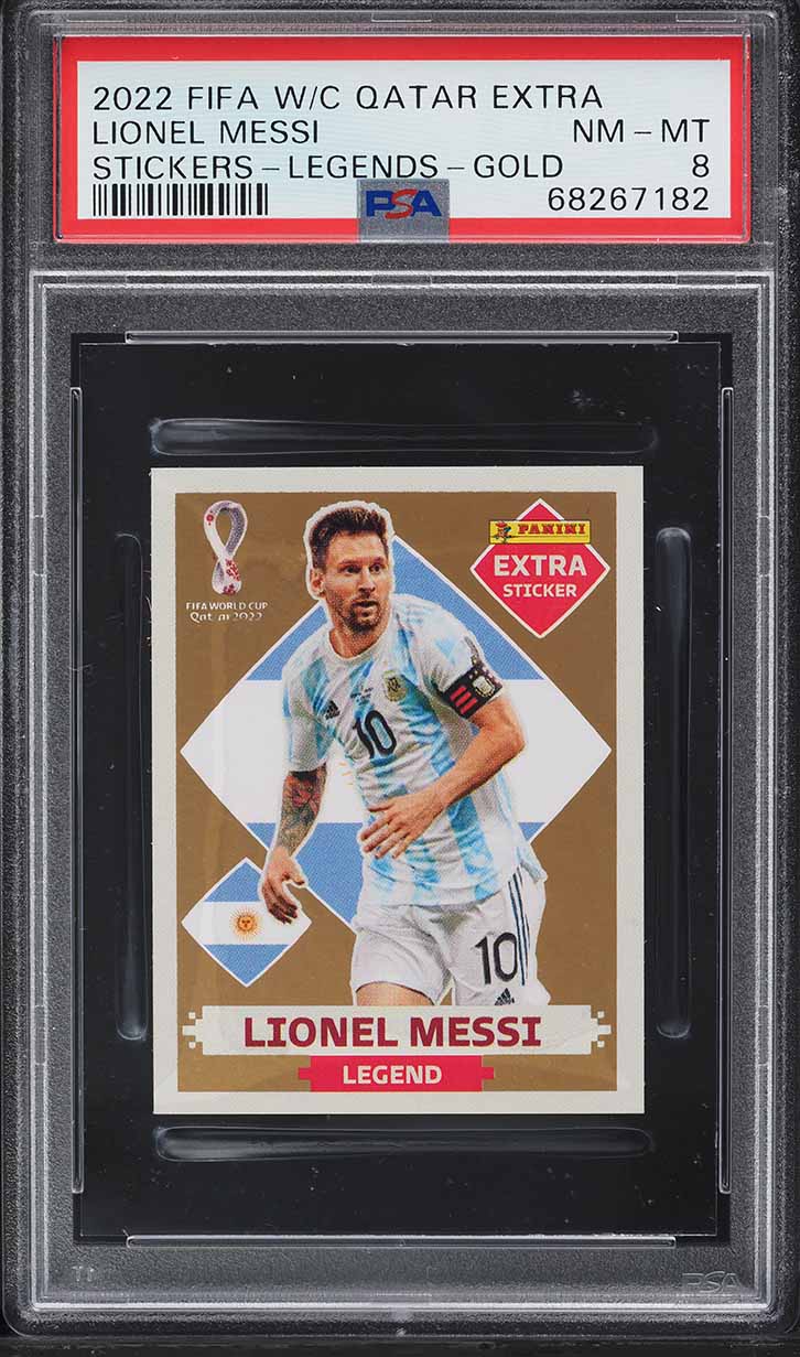 2022 Panini FIFA World Cup Extra Stickers Legends Gold Lionel Messi PSA 8 NM-MT