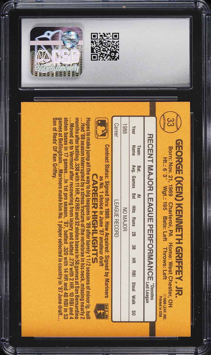 1989 Donruss Ken Griffey Jr. ROOKIE #33 CSG 10 GEM MINT