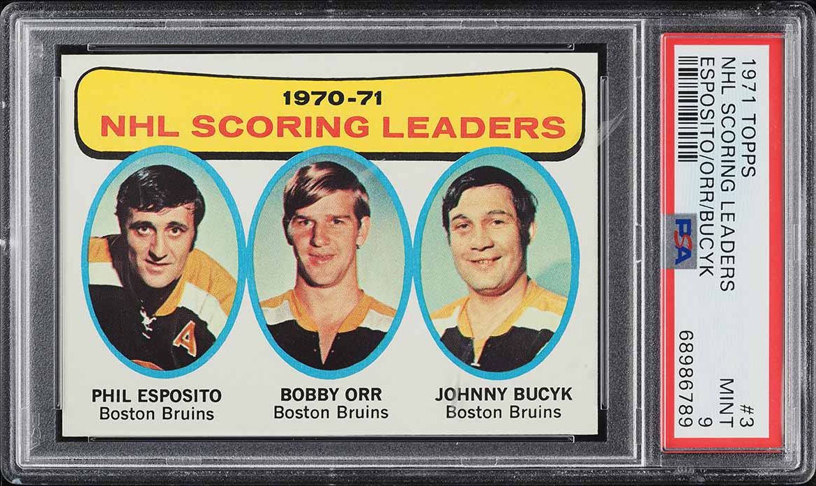 1971 Topps Hockey Bobby Orr Phil Esposito Johnny Bucyk LDRS #3 PSA 9 MINT