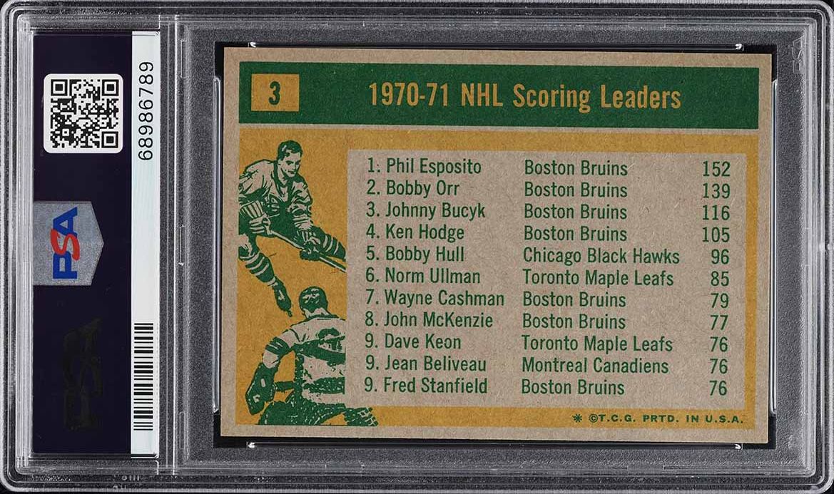 1971 Topps Hockey Bobby Orr Phil Esposito Johnny Bucyk LDRS #3 PSA 9 MINT