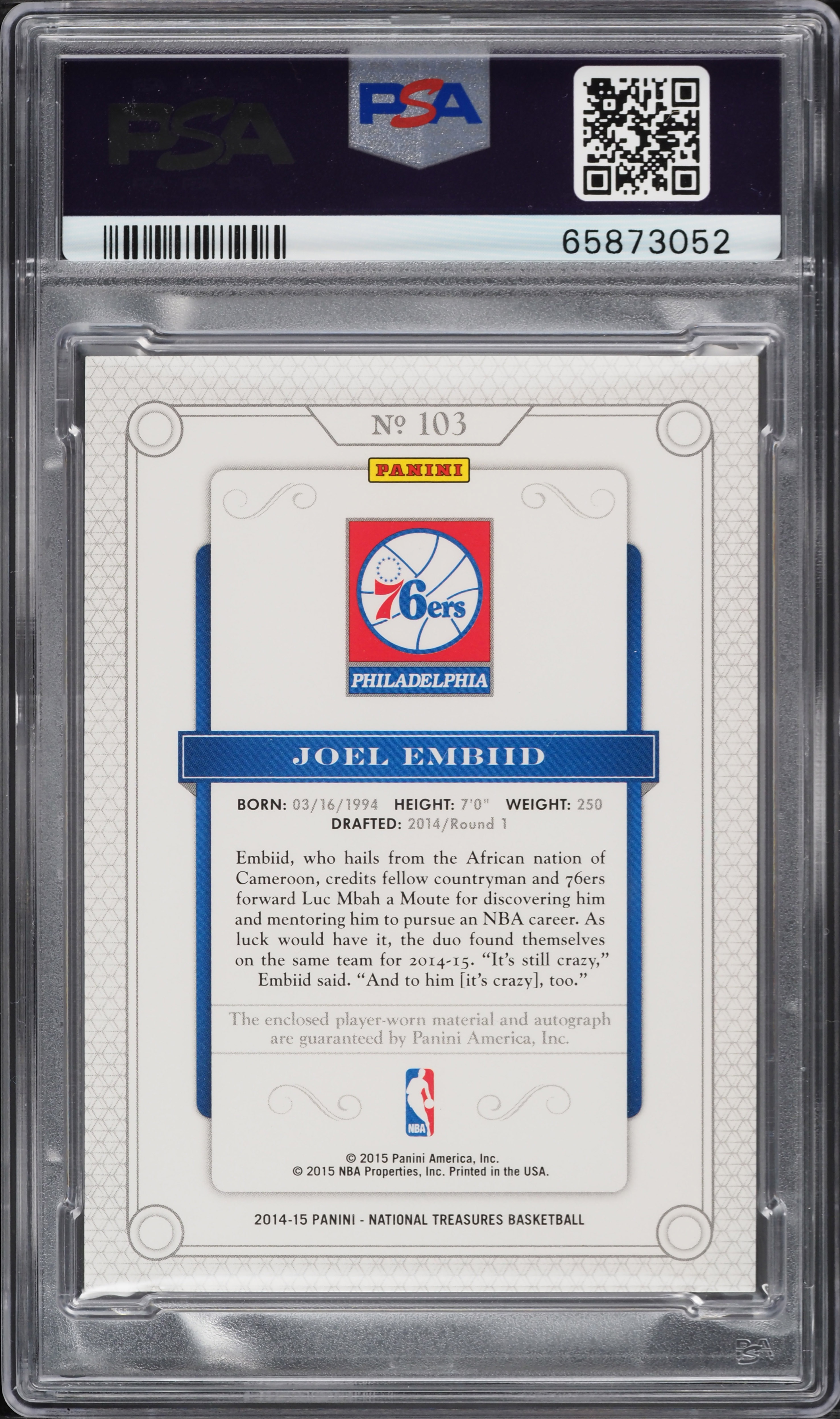 2014 National Treasures Joel Embiid ROOKIE PATCH AUTO DNA 10 /99
